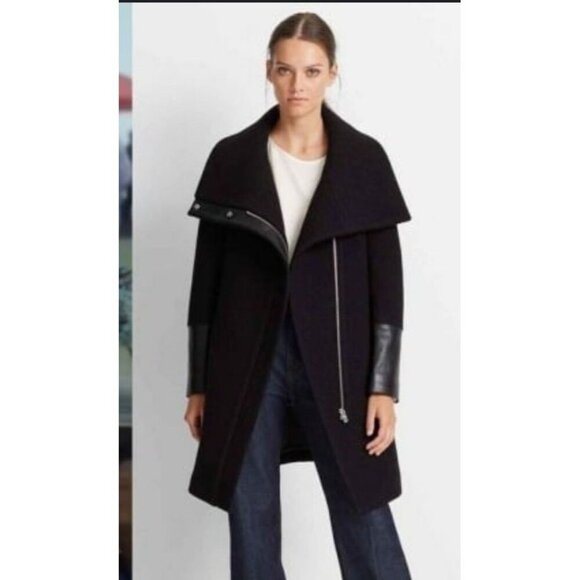 $398 CLUB MONACO Women’s Halli Coat 100% Italian Wool Lamb Leather Cuffs Medium - Picture 1 of 7